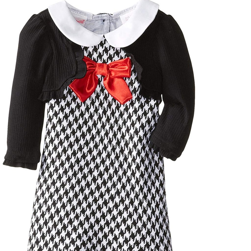 Nannette Houndstooth Collared Dress with Red Chest Bow & Black Shoulder Shrug